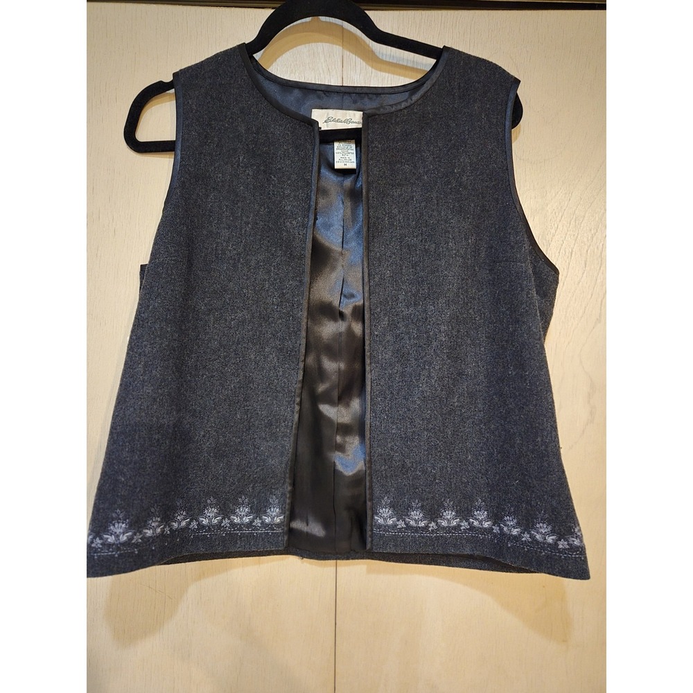 Vintage Eddie Bauer Womens M Wool Vest Floral Embroidered Lined Open Front